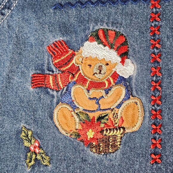 Bobbie Brooks Vintage Embroidered Christmas Button Front Chambray Blouse - Picture 9 of 12
